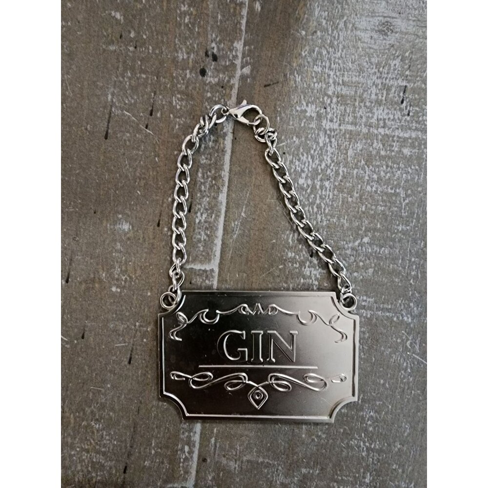 Antique Style Silver Toned  Gin Decanter Label With‎ Adjustable Chain